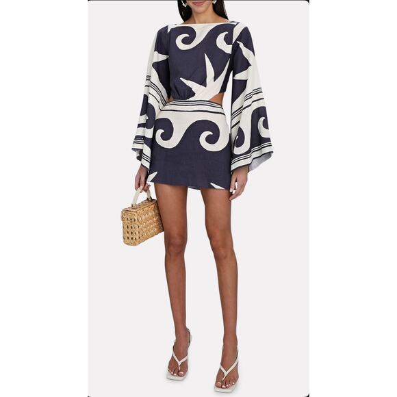 Johanna Ortiz Wave After Wave Organic Linen Mini Dress Midnight Blue Size XL - Picture 4 of 14